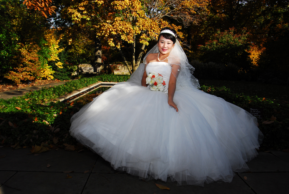 Asian bride posing against fall colors