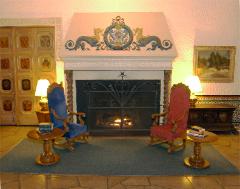 Interior lobby photo of the fireplace setting at the Alcazar Hotel in Cleveland Heights, Ohio