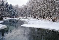 Winter snow scene featuring the Rocky River in Ohio