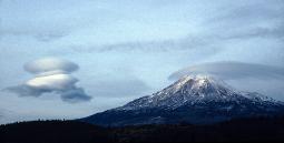 photograph of Mt. Shasta, California and lenticular clouds that look like UFO