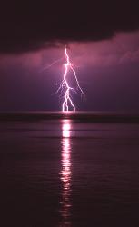 large lightning bolt center of photo reflecting in water lake
